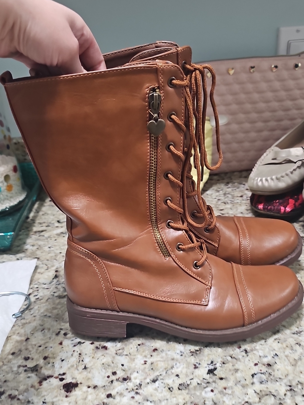 Women’s New Size 7 Heart Charm Lace-Up Mid-Calf Boots in Tan